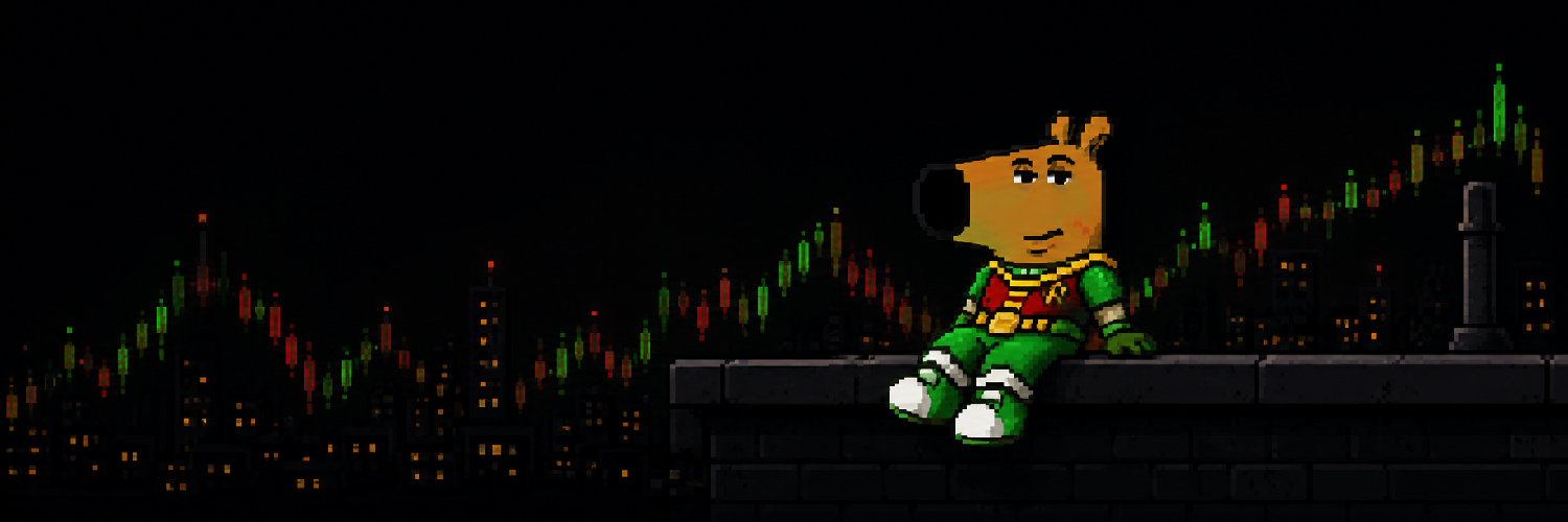 Chill Robin sitting above a pixel-art night market chart