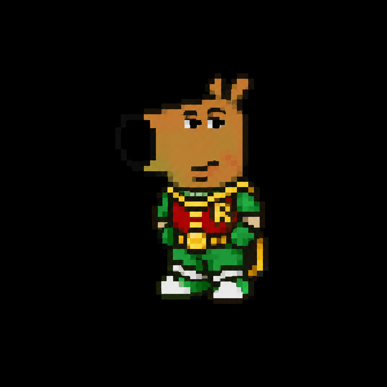 Pixel-art Chill Robin in a green and red outfit